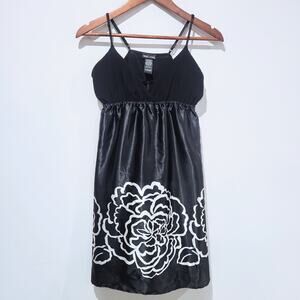 Wet Seal Y2K Womens Black Satin Floral Empire Waist Mini Dress Size Large 90s